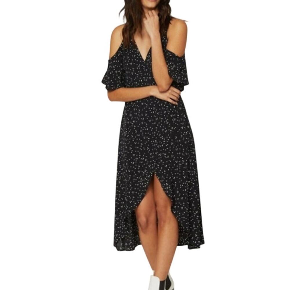 Flynn Skye Devon Wrap Dress Women's M Black White Polka Dot Cold Shoulder NWT